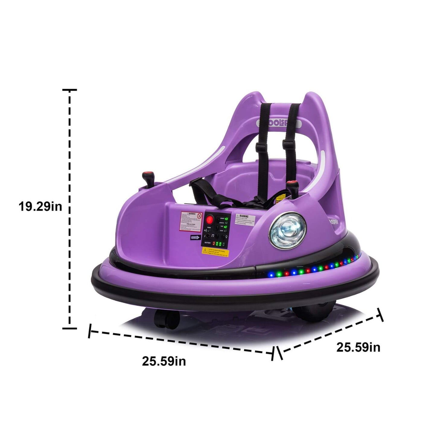 HIFINE 12V Ride On Bumper Car for Kids - Purple with dimensions indicated on a white background
