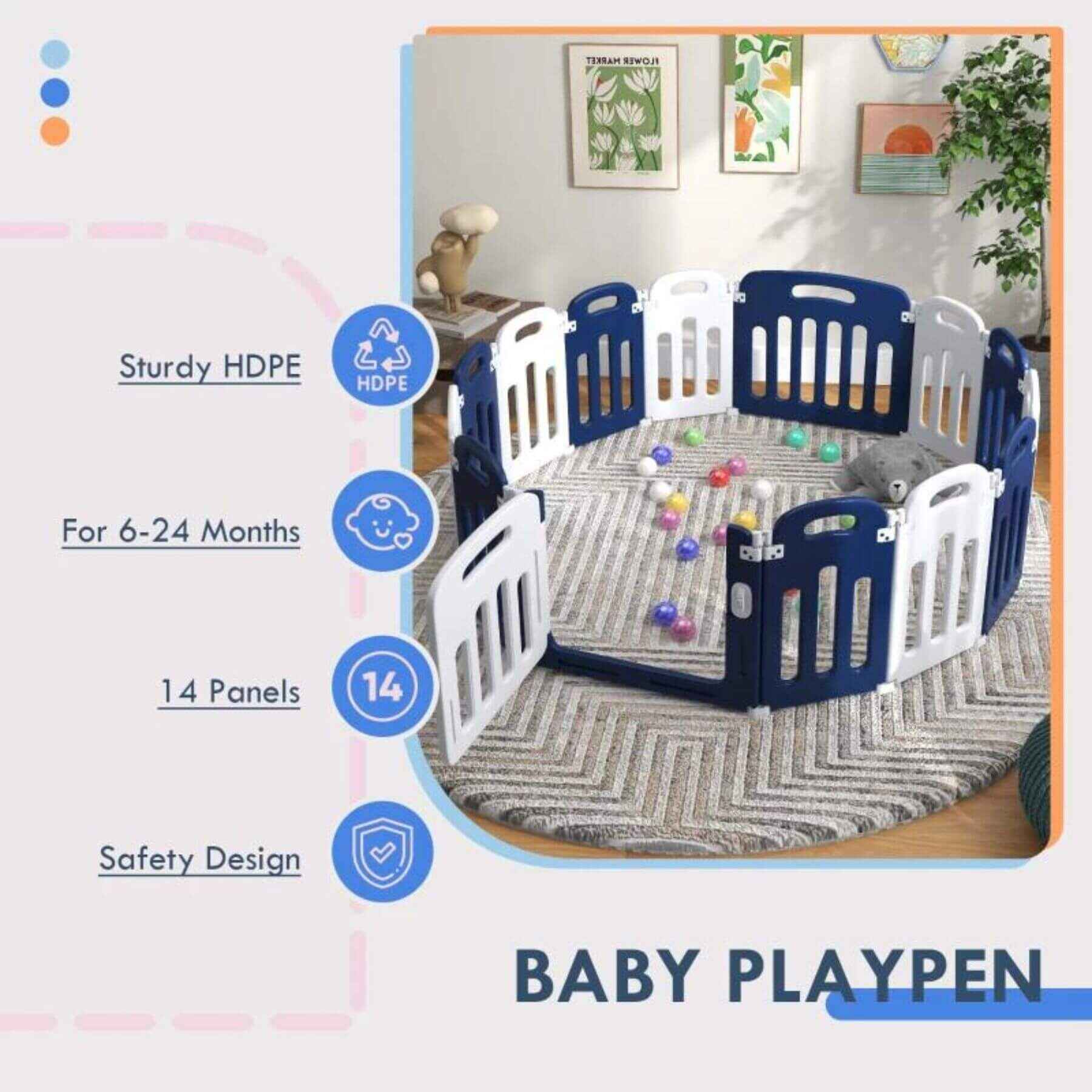 Features of Qaba 14-Panels Indoor Safety Childrens Baby Playpen Blue and White