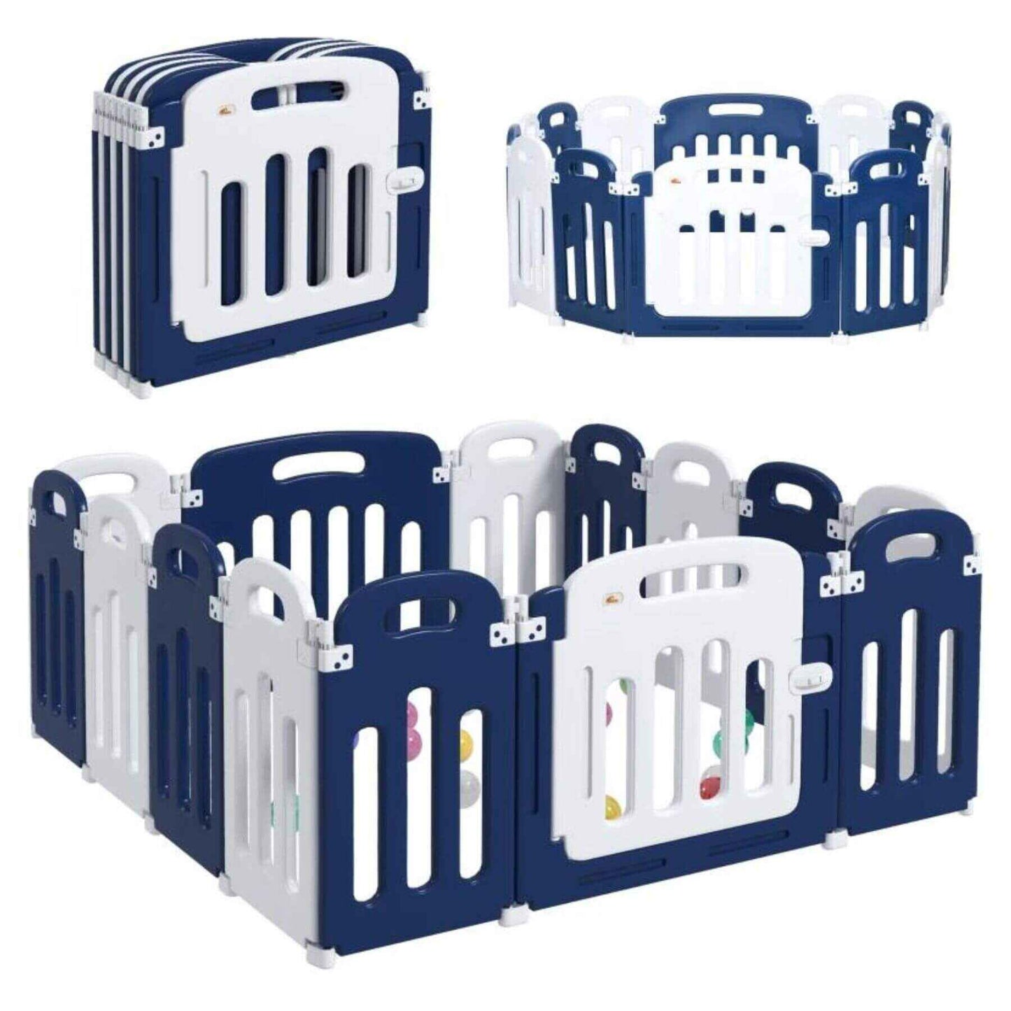 Qaba 14-Panels Indoor Safety Childrens Baby Playpen Blue and White