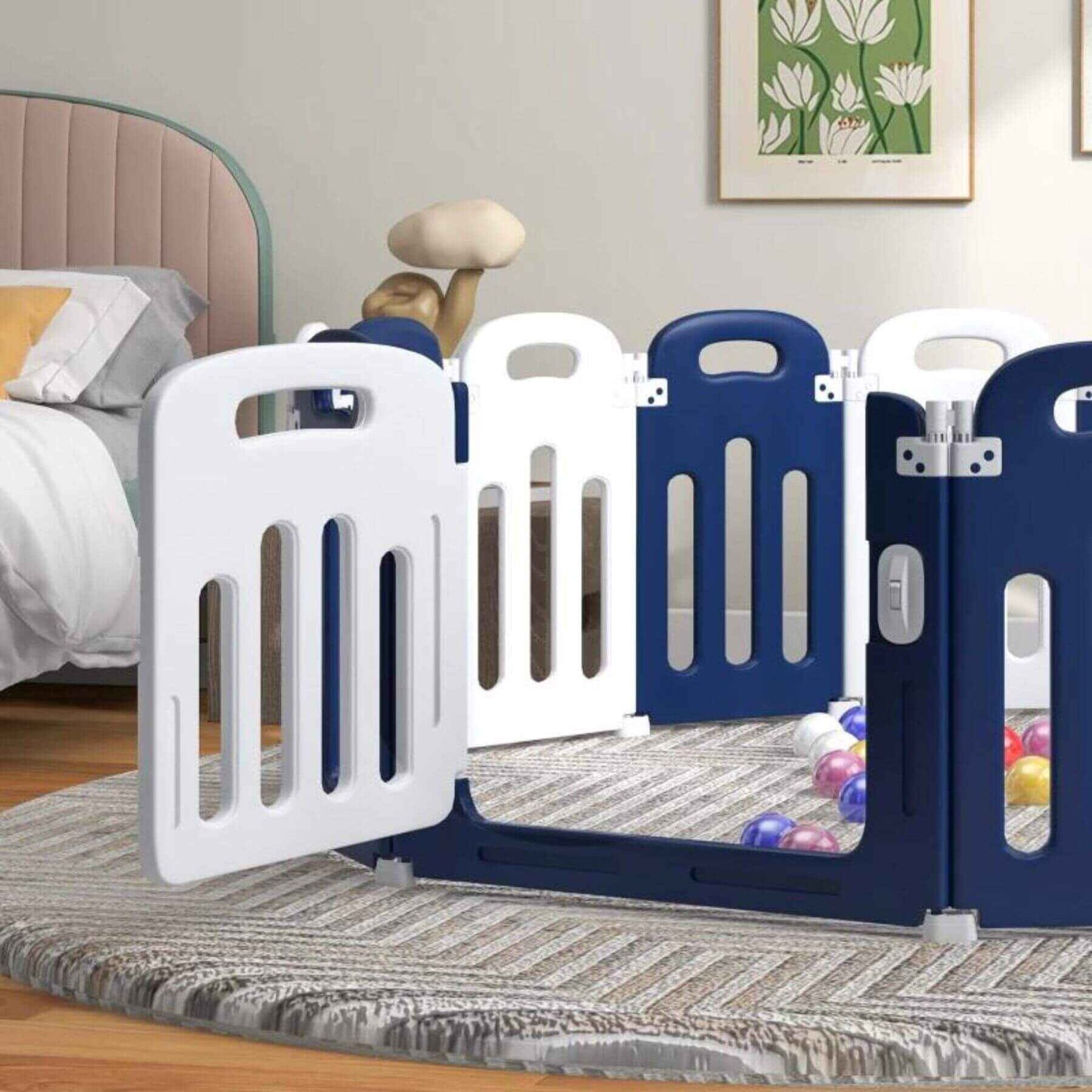 Detail of Qaba 14-Panels Indoor Safety Childrens Baby Playpen Blue and White