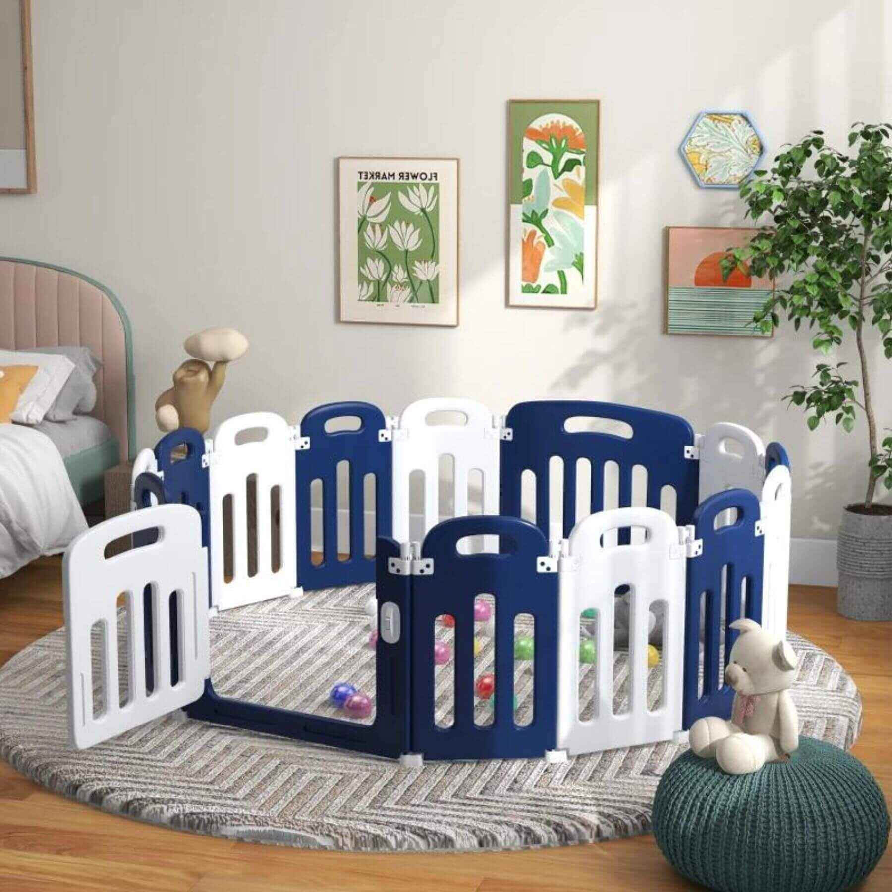 Qaba 14-Panels Indoor Safety Childrens Baby Playpen Blue and White