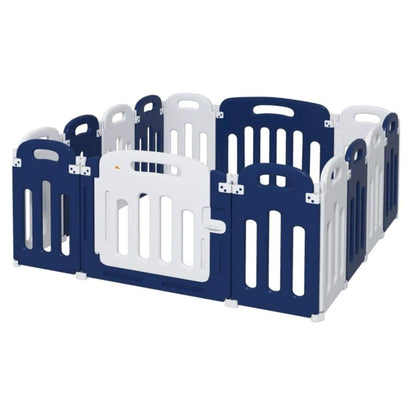 Qaba 14-Panels Indoor Safety Childrens Baby Playpen Blue and White