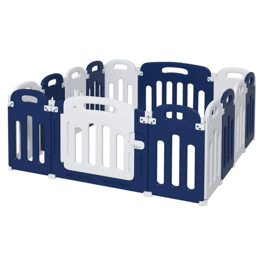 Qaba 14-Panels Indoor Safety Childrens Baby Playpen Blue and White