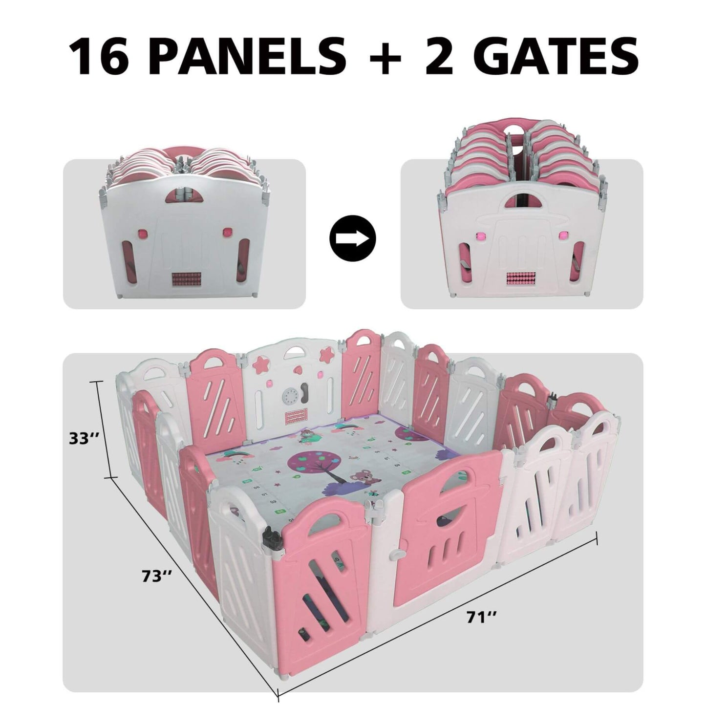 Pink playpen with 16 panels and 2 gates, showing assembly process and dimensions.