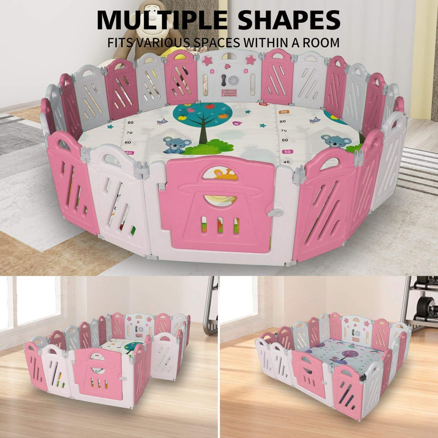 MGSPORT 16+2 Panel Foldable Baby Playpen, Pink + White in a room setting