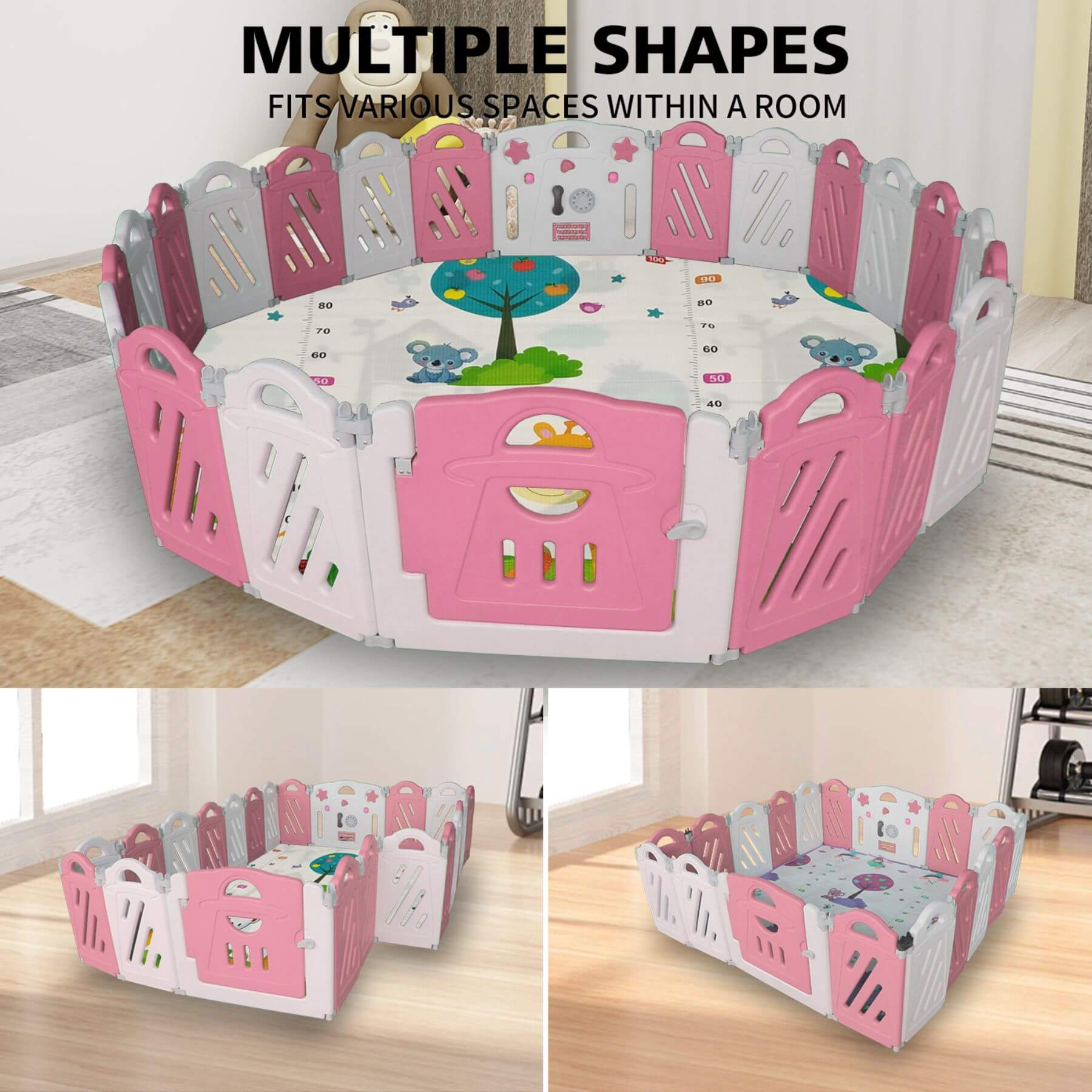 MGSPORT 16+2 Panel Foldable Baby Playpen, Pink + White in a room setting