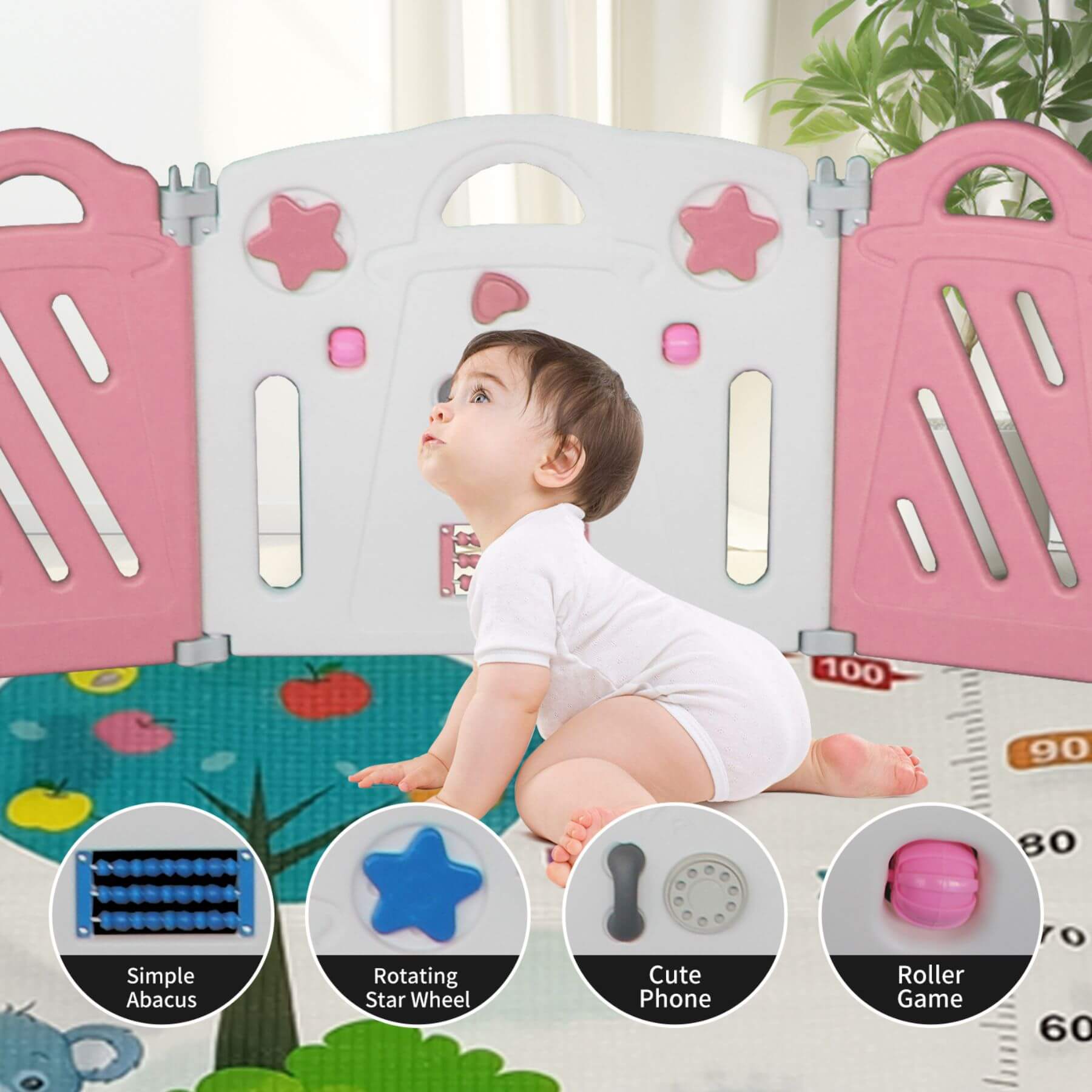 Baby sitting on a colorful play mat within MGSPORT 16+2 Panel Foldable Baby Playpen, Pink + White