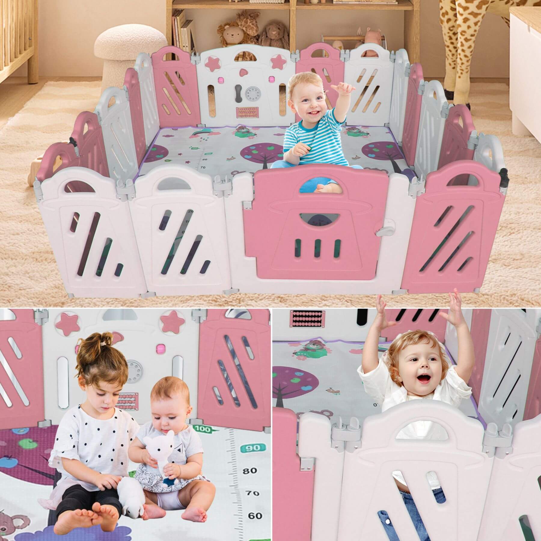 Children playing inside MGSPORT 16+2 Panel Foldable Baby Playpen, Pink + White with various activities on the floor.