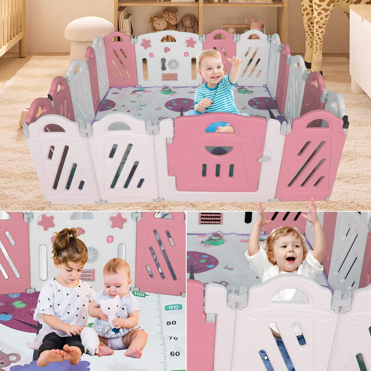Children playing inside MGSPORT 16+2 Panel Foldable Baby Playpen, Pink + White with various activities on the floor.