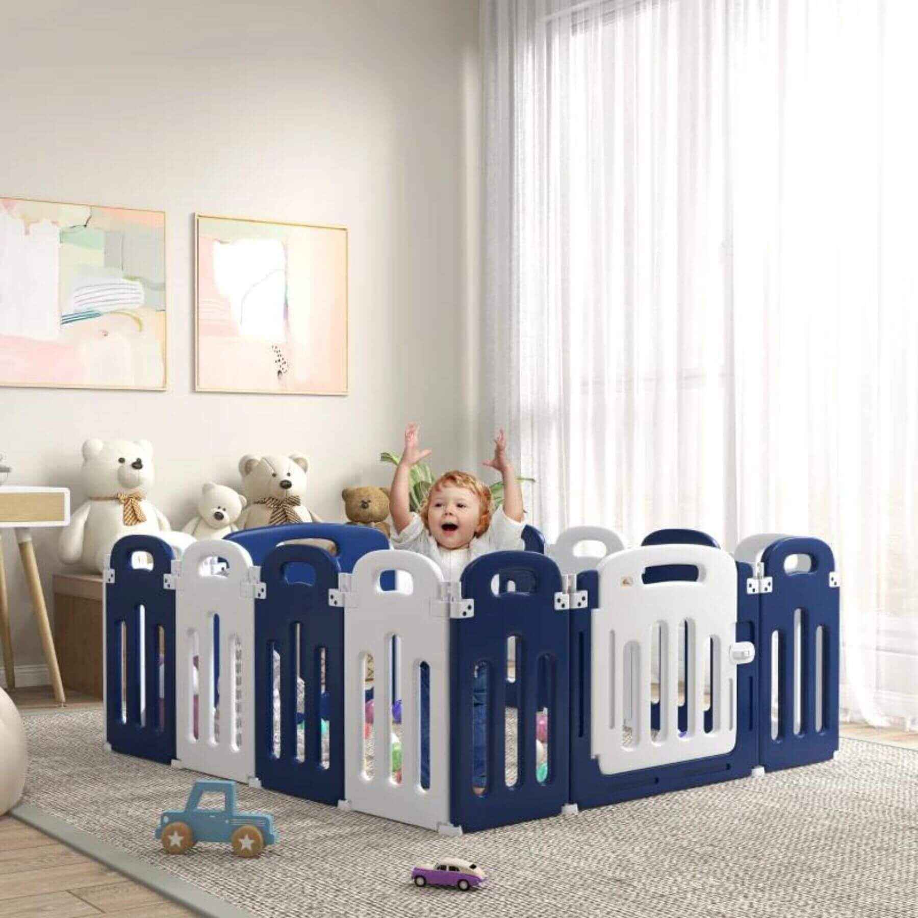 Baby inside of Qaba 18-Panels Indoor Safety Childrens Baby Playpen Blue and White