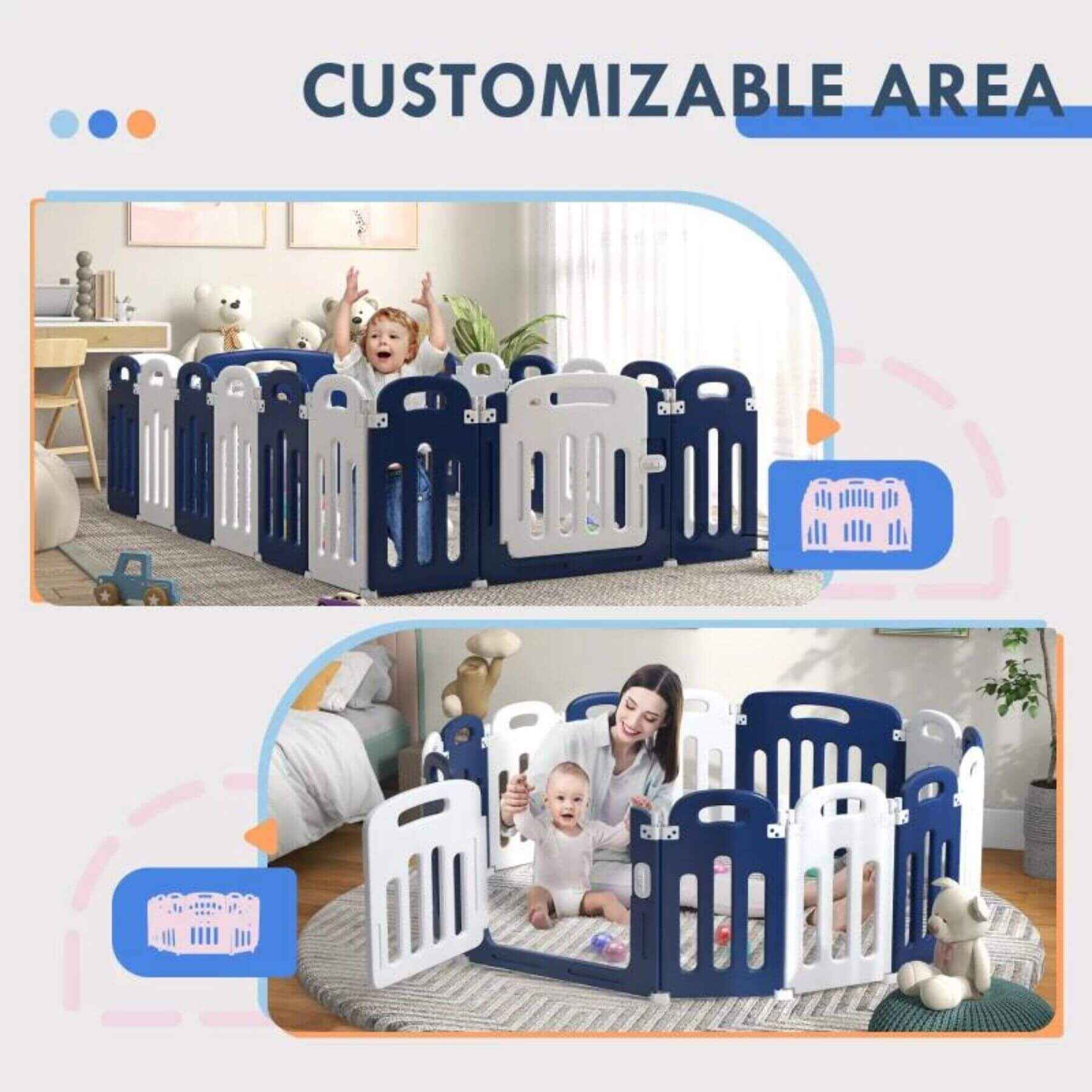 2 Shapes of Qaba 18-Panels Indoor Safety Childrens Baby Playpen Blue and White