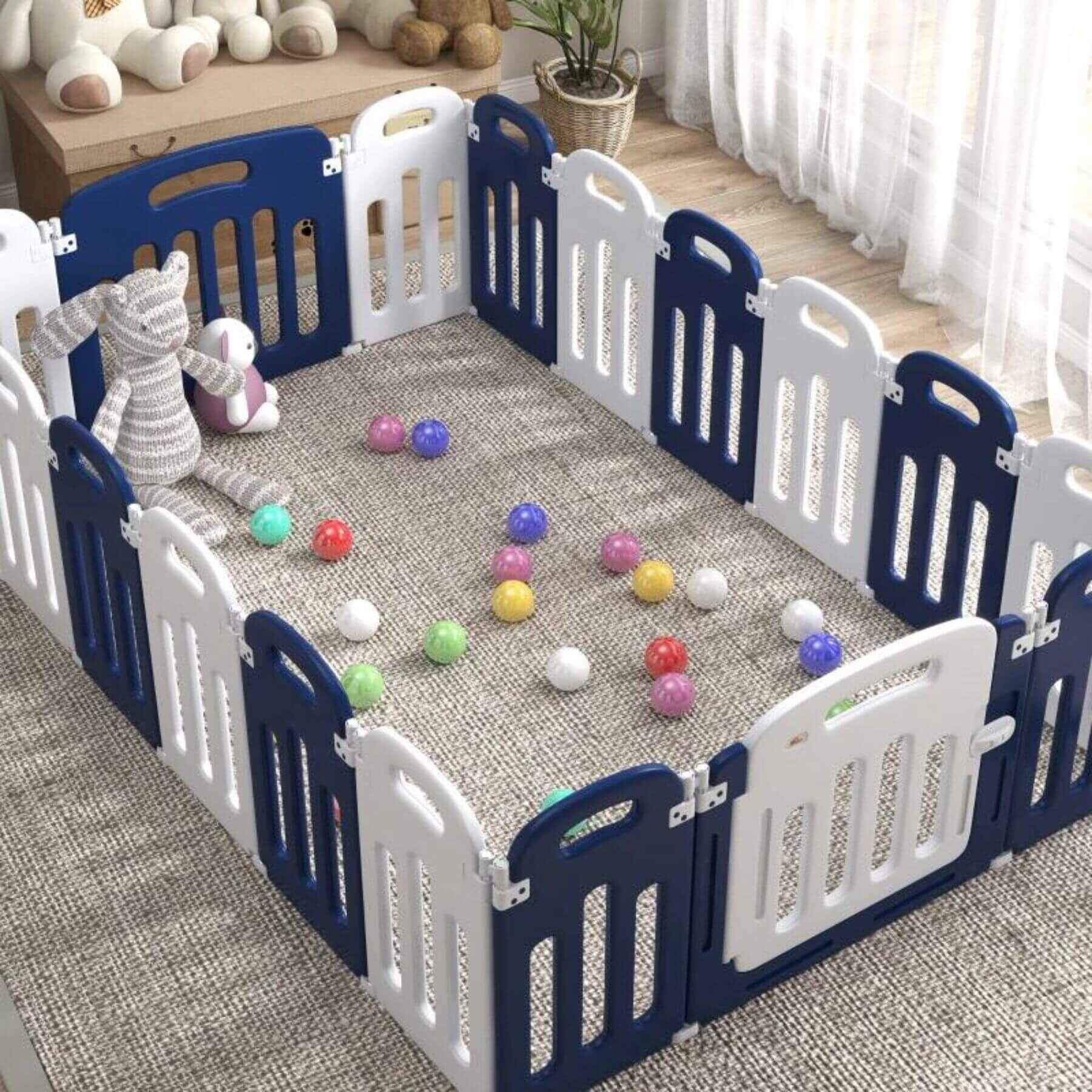 Qaba 18-Panels Indoor Safety Childrens Baby Playpen Blue and White