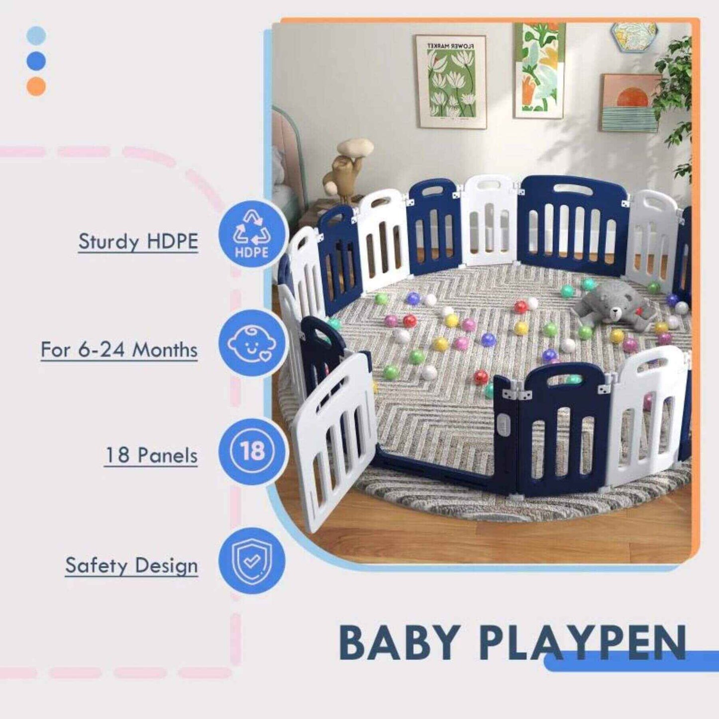 Qaba 18-Panels Indoor Safety Childrens Baby Playpen Blue and White