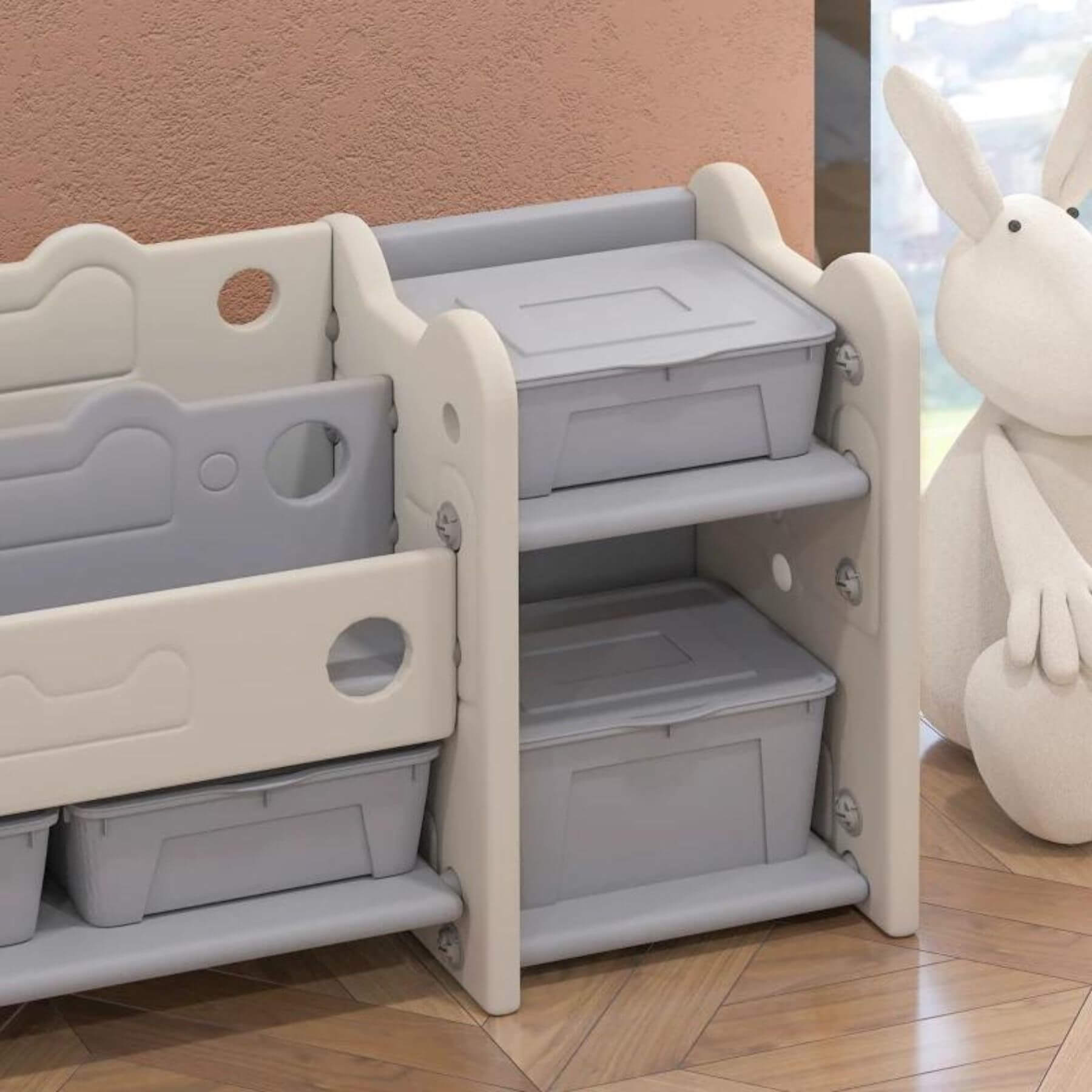 Detail of Qaba 2 Tier Kids Toy Storage Organizer with 4 Storage Boxes Cream White