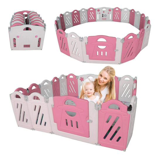 MGSPORT 20+2 Panel Foldable Baby Playpen, Pink + White with a child and adult inside on a white background