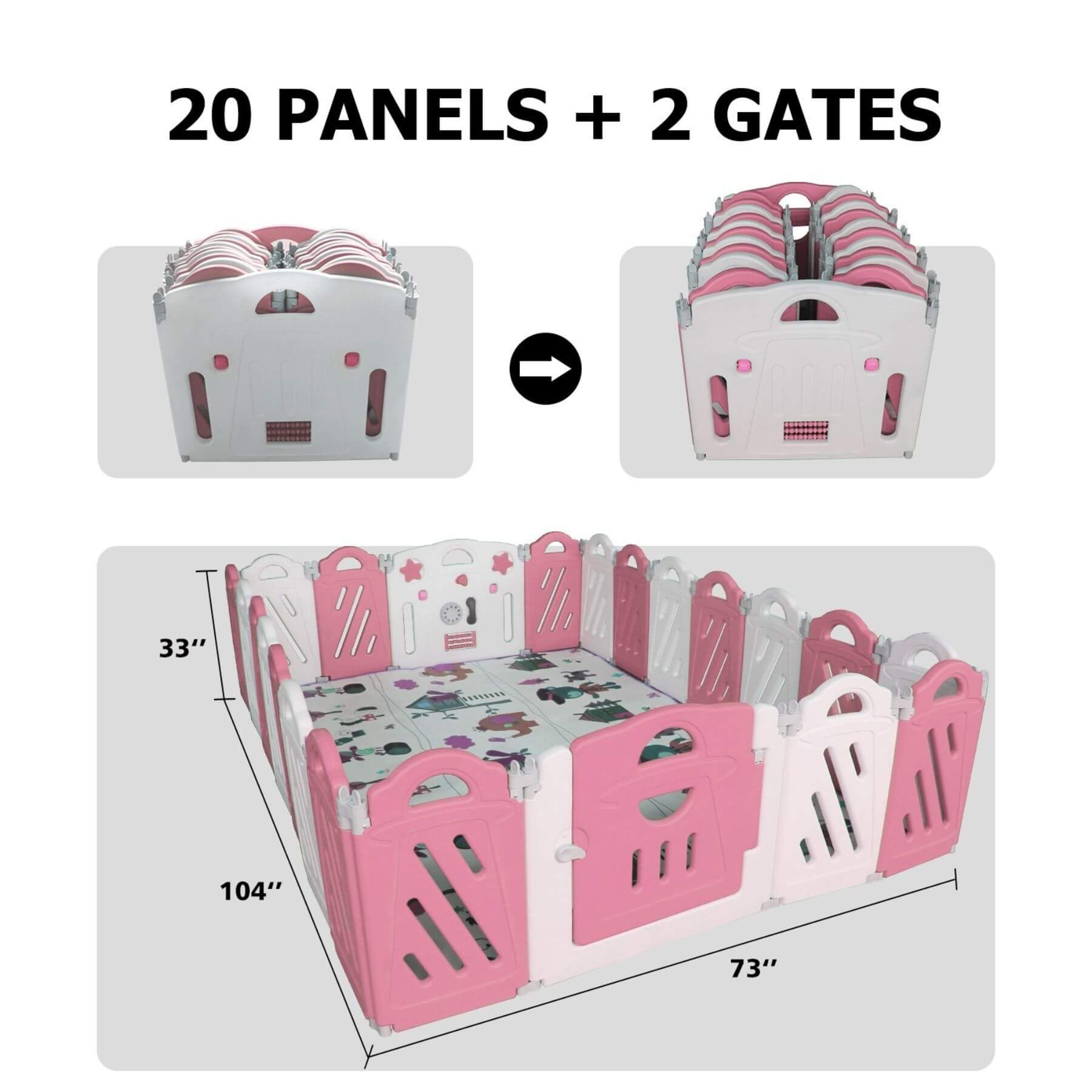MGSPORT 20+2 Panel Foldable Baby Playpen, Pink + White, showing assembly process and dimensions.