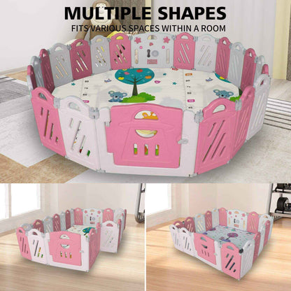 MGSPORT 20+2 Panel Foldable Baby Playpen, Pink + White with multiple shapes and designs, suitable for various room sizes.