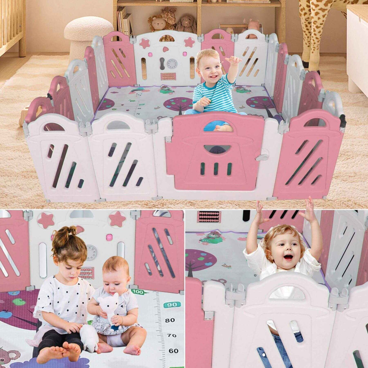 Children playing inside MGSPORT 20+2 Panel Foldable Baby Playpen, Pink + White with various toys and activities.