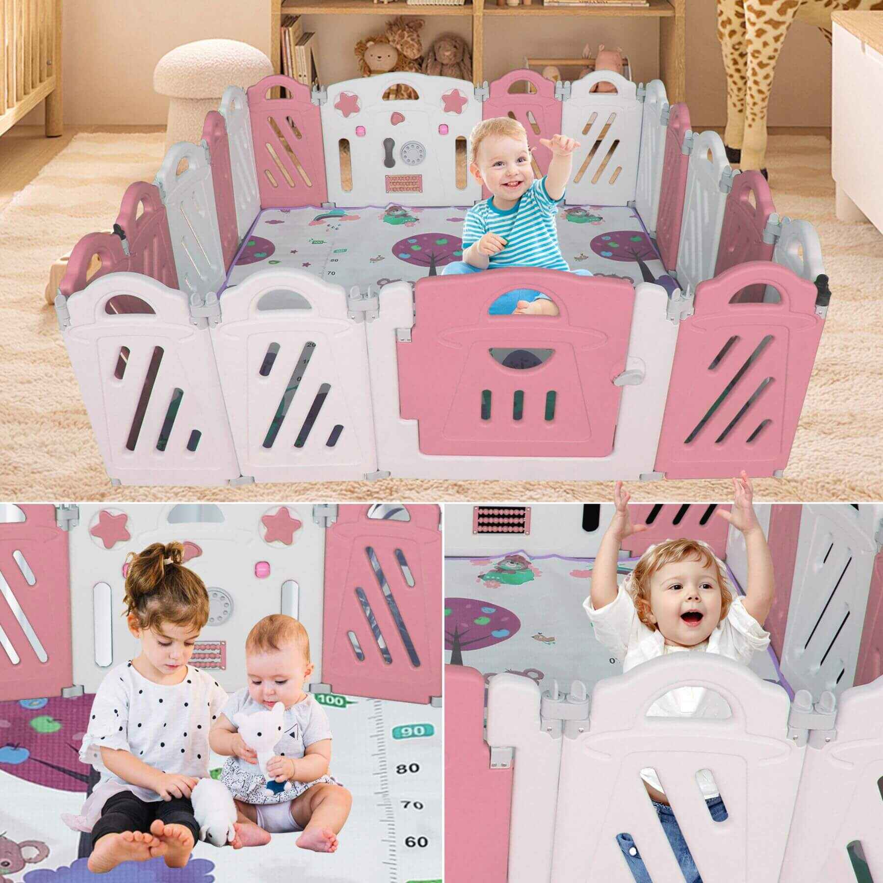 Children playing inside MGSPORT 20+2 Panel Foldable Baby Playpen, Pink + White with various toys and activities.