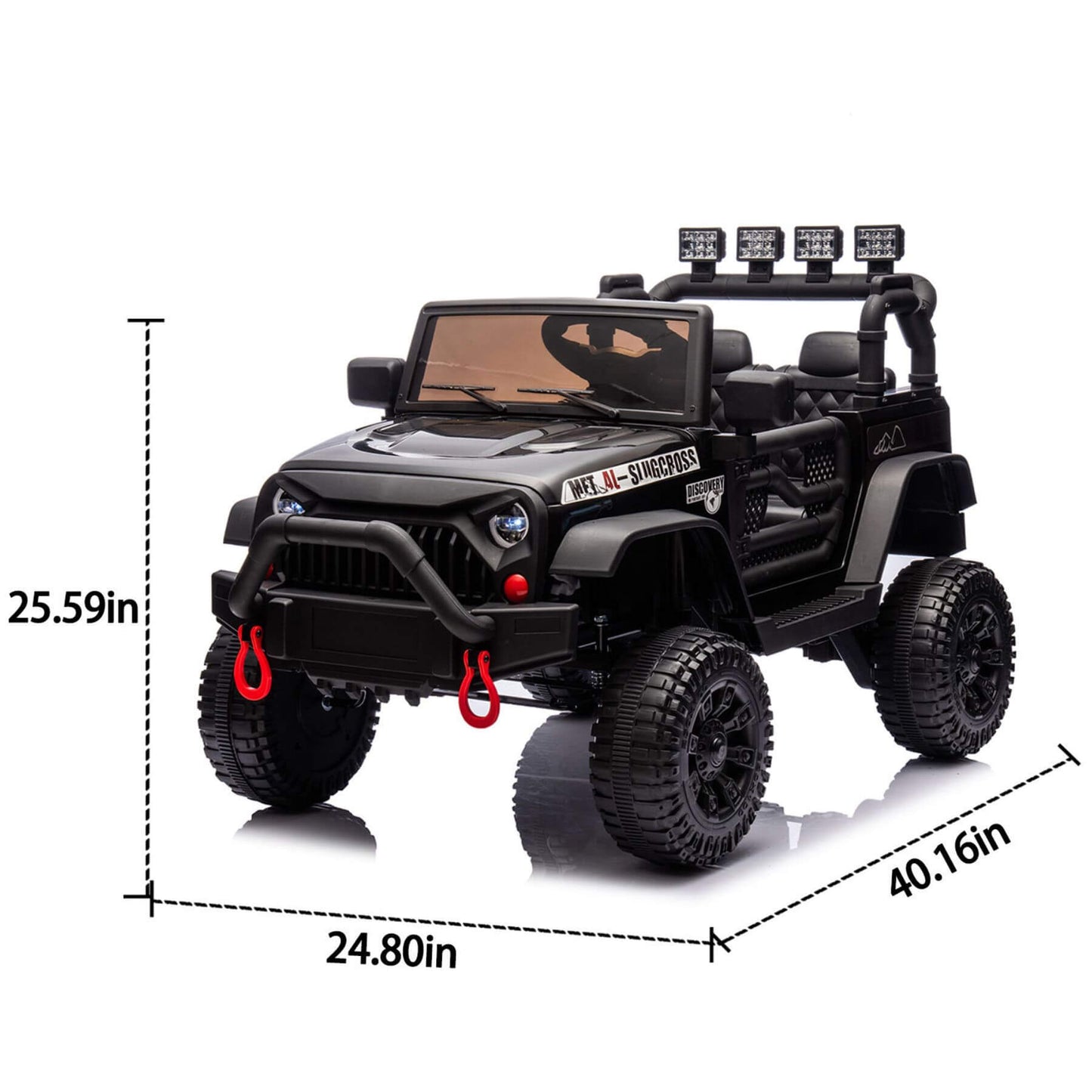 HIFINE 24V Kids Ride On Car - Black with dimensions labeled on a white background