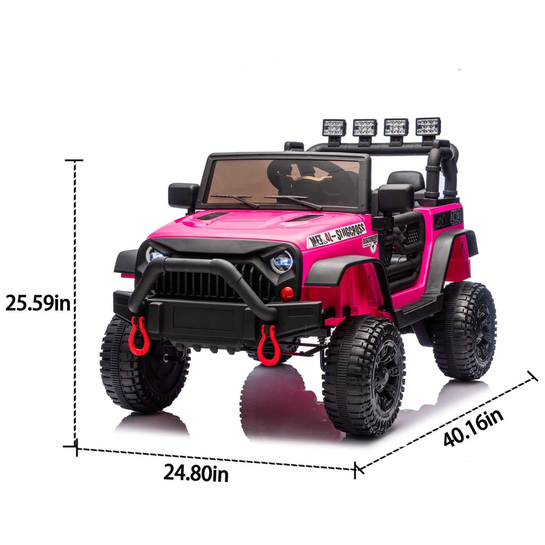 HIFINE 24V Kids Ride On Car - Rose Pink with dimensions indicated on a white background