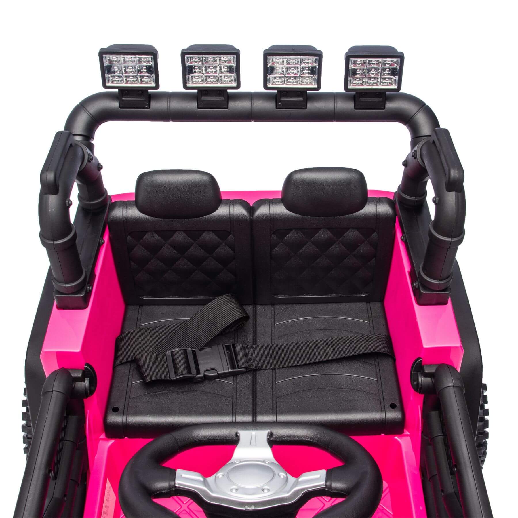 Pink toy car with black seats and roof lights on a white background