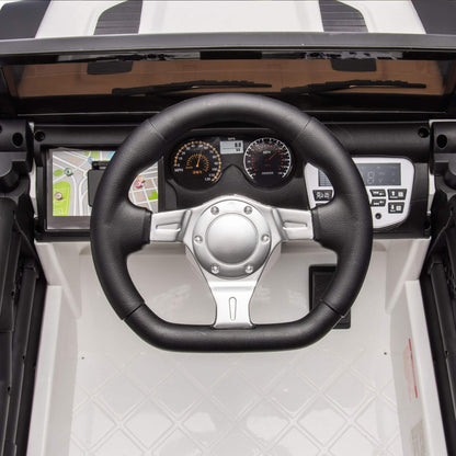 Steering wheel and dashboard of a vehicle with a black and white interior.