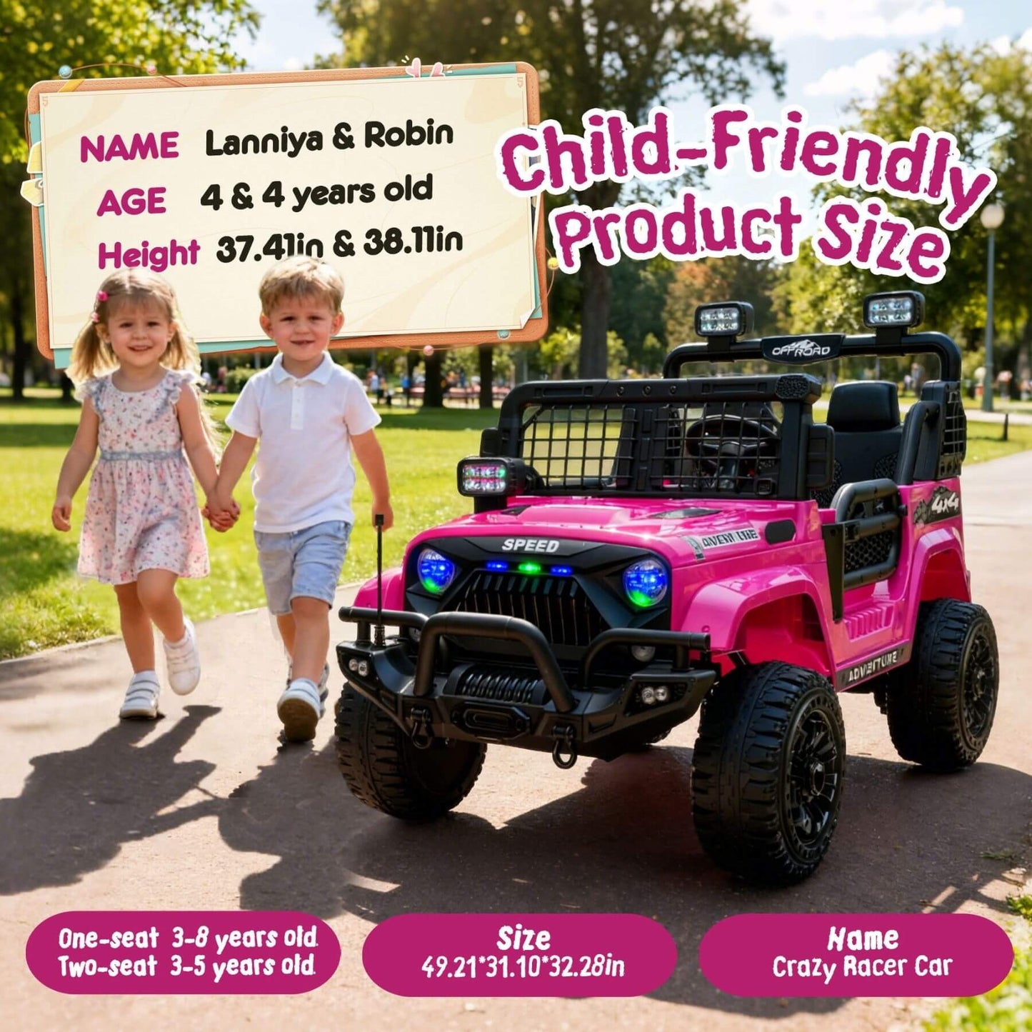 Two kid standing next to HIFINE 24V 100W*2 Two-Seater Kids Ride On Car - Pink