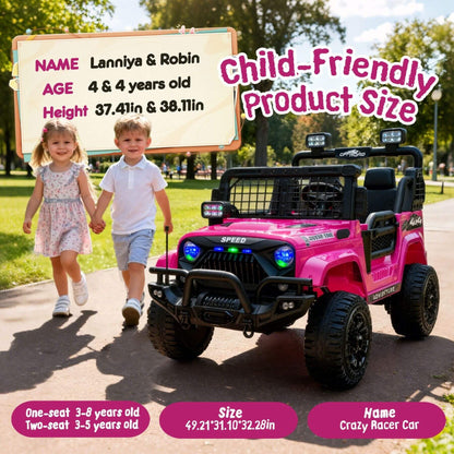 Two kid standing next to HIFINE 24V 100W*2 Two-Seater Kids Ride On Car - Pink