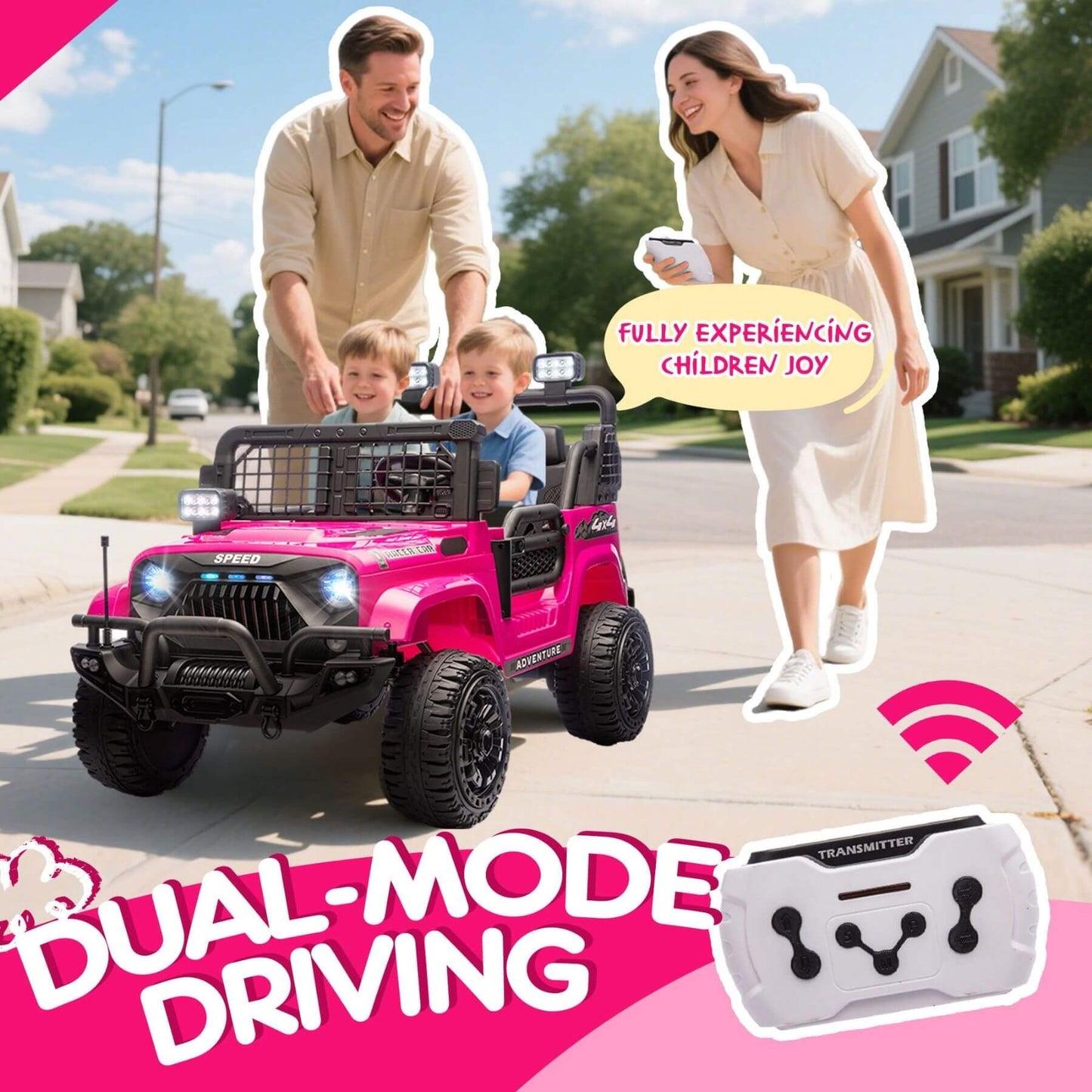 A family with HIFINE 24V 100W*2 Two-Seater Kids Ride On Car - Pink