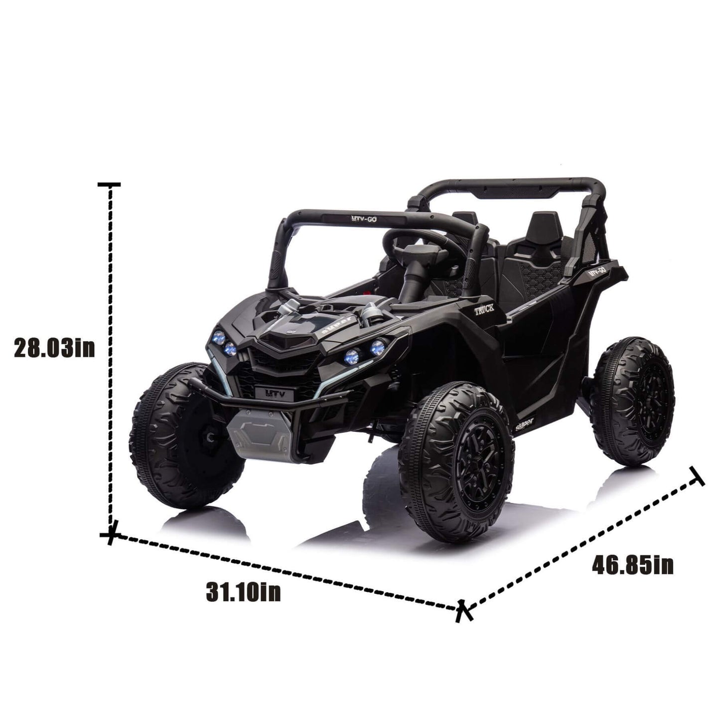 HIFINE 24V Two-Seater Kids Ride On UTV - Black with dimensions indicated on a white background