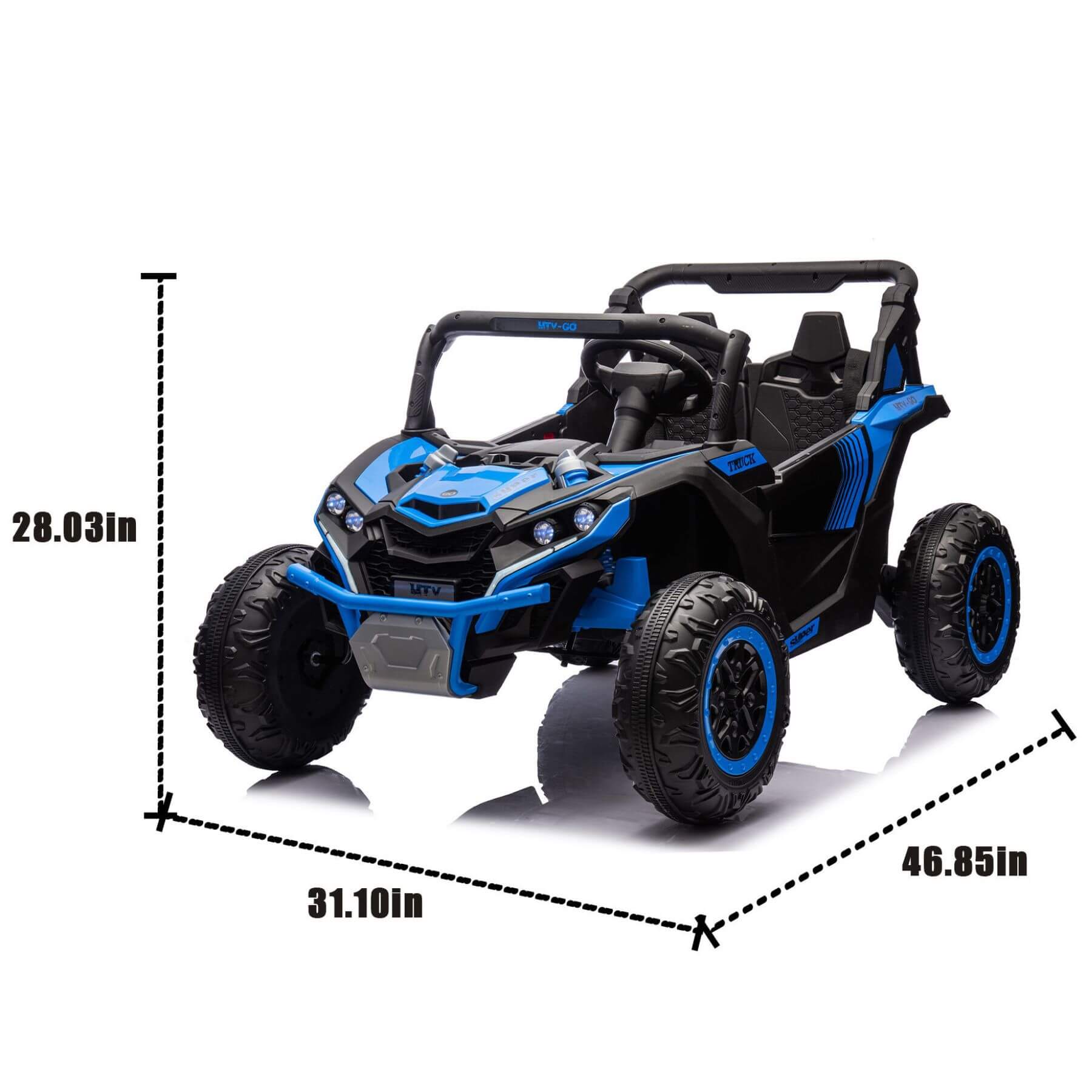 HIFINE 24V Two-Seater Kids Ride On UTV - Blue with measurements on a white background