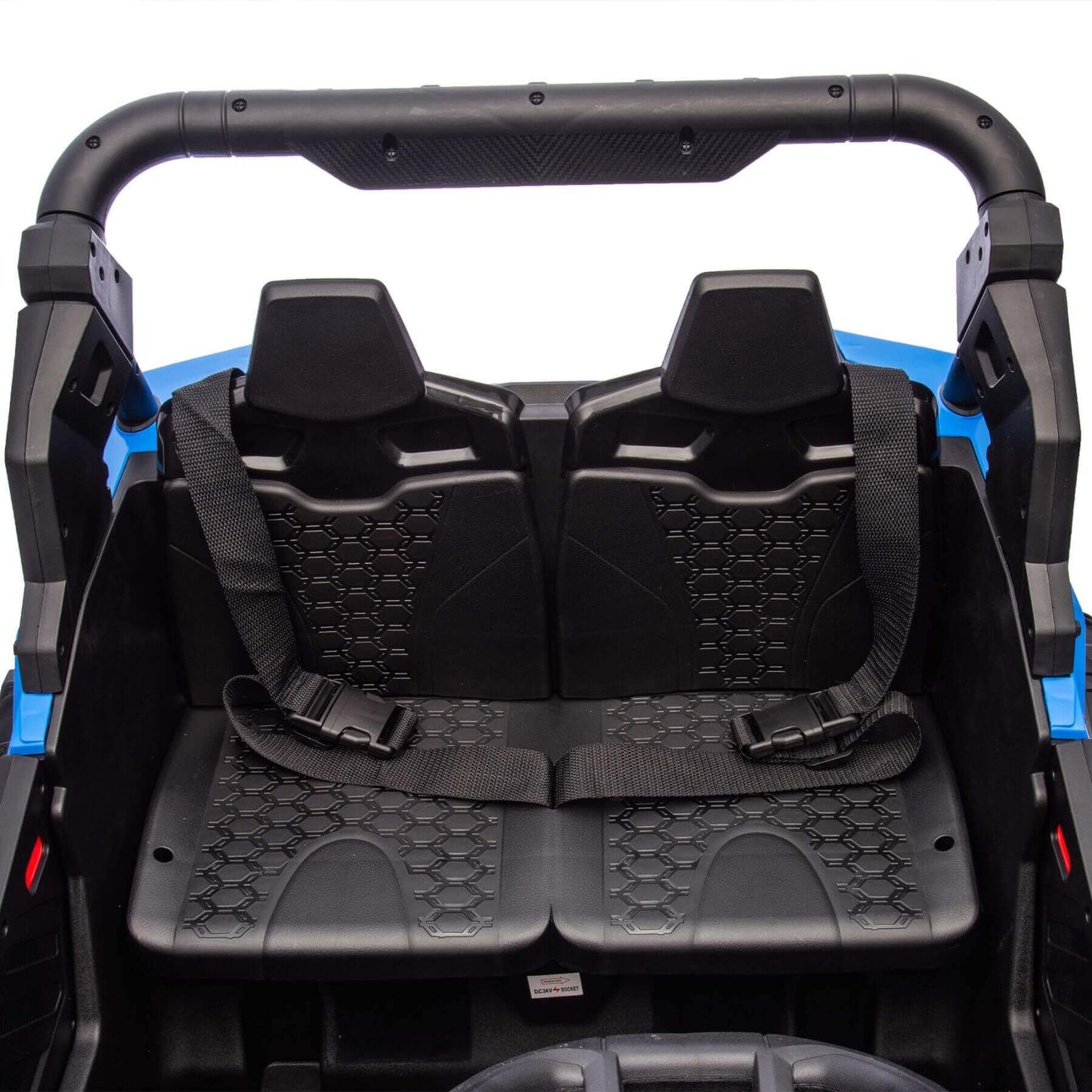 Black seats with headrests inside a vehicle on a white background
