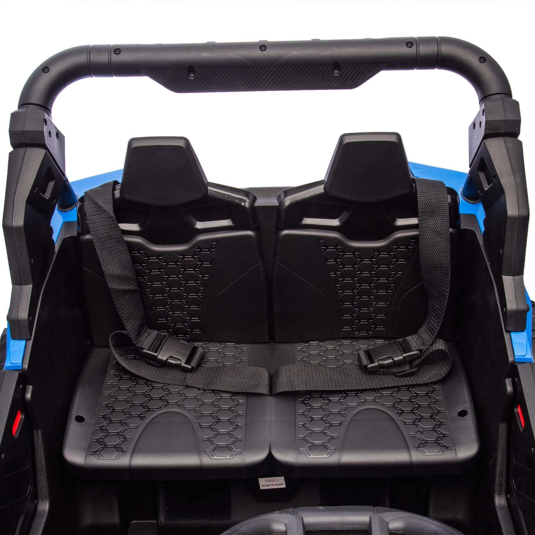 Black seats with headrests inside a vehicle on a white background
