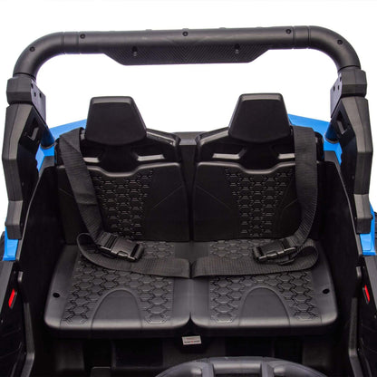 Black seats with headrests inside a vehicle on a white background
