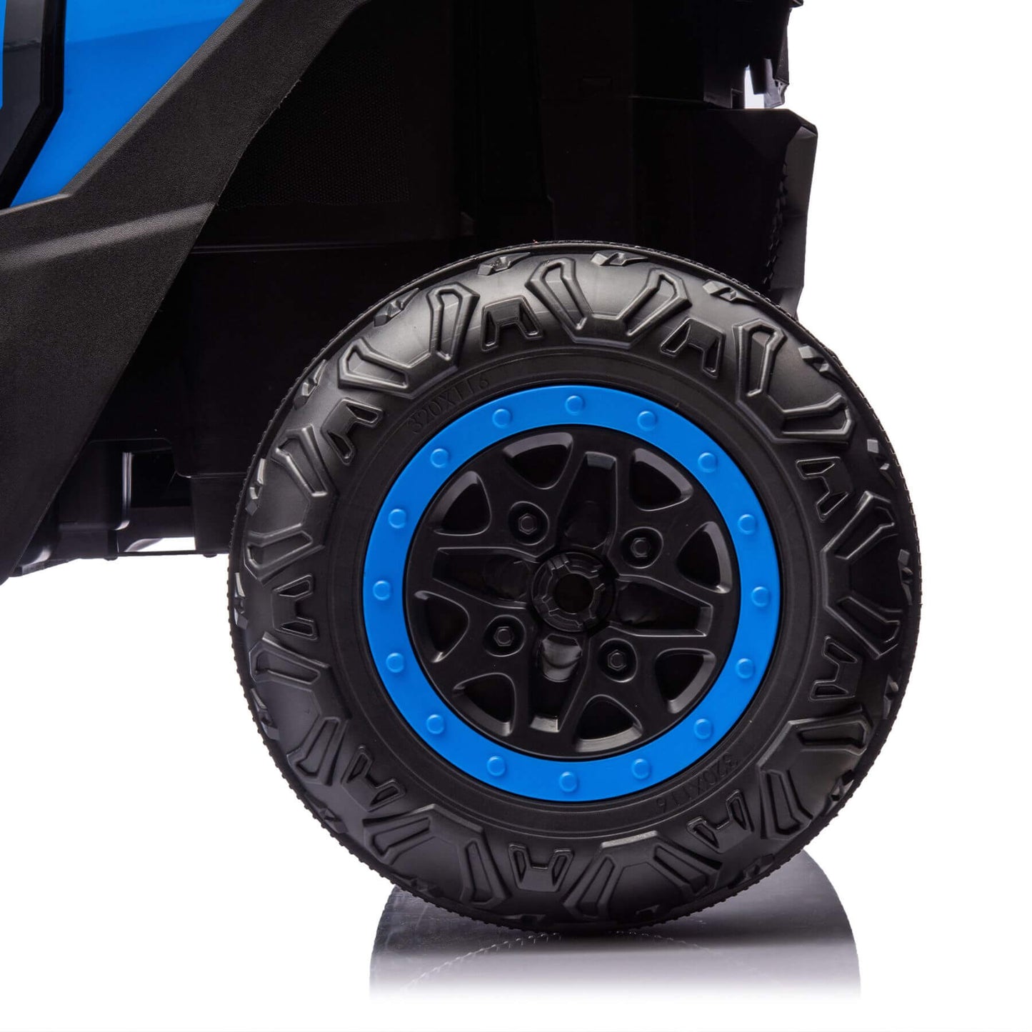 Close-up of a black tire with blue rim on a white background