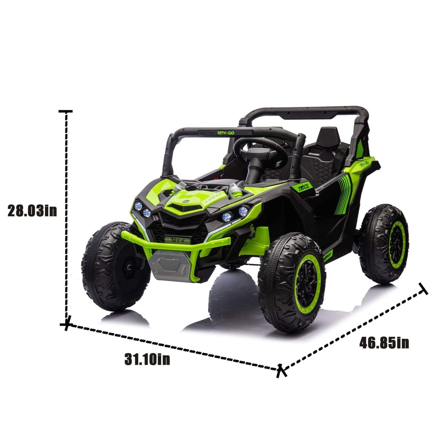 HIFINE 24V Two-Seater Kids Ride On UTV - Green with dimensions