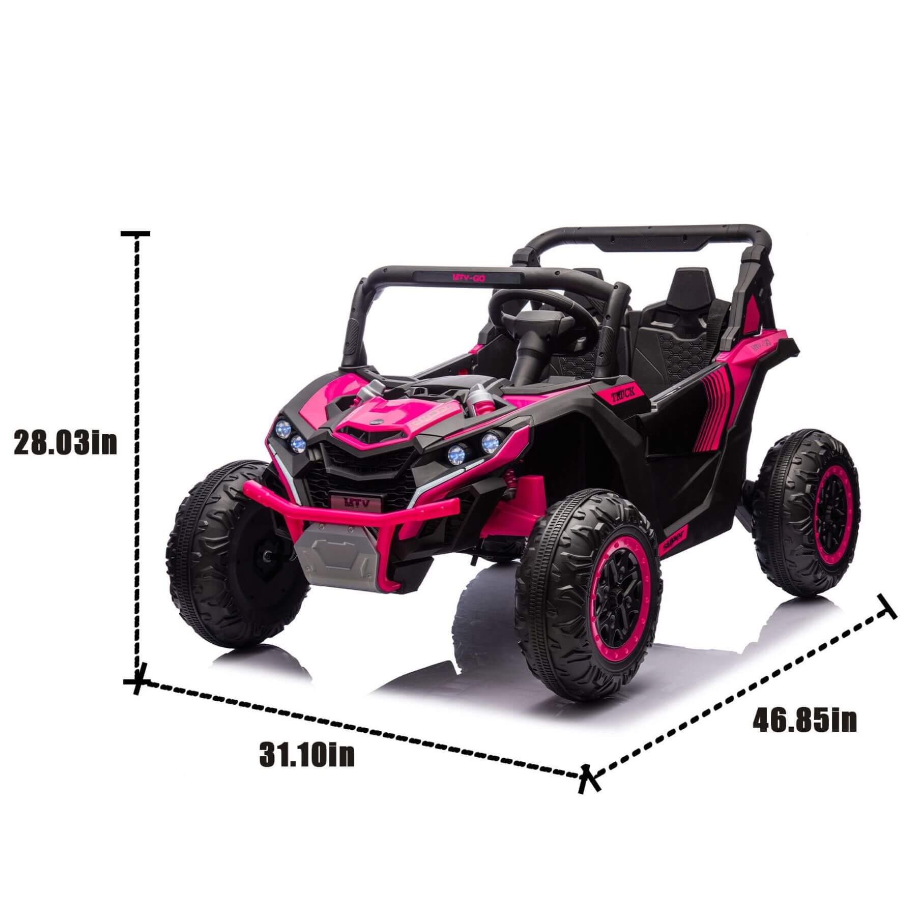 HIFINE 24V Two-Seater Kids Ride On UTV - Pink with dimensions on a white background