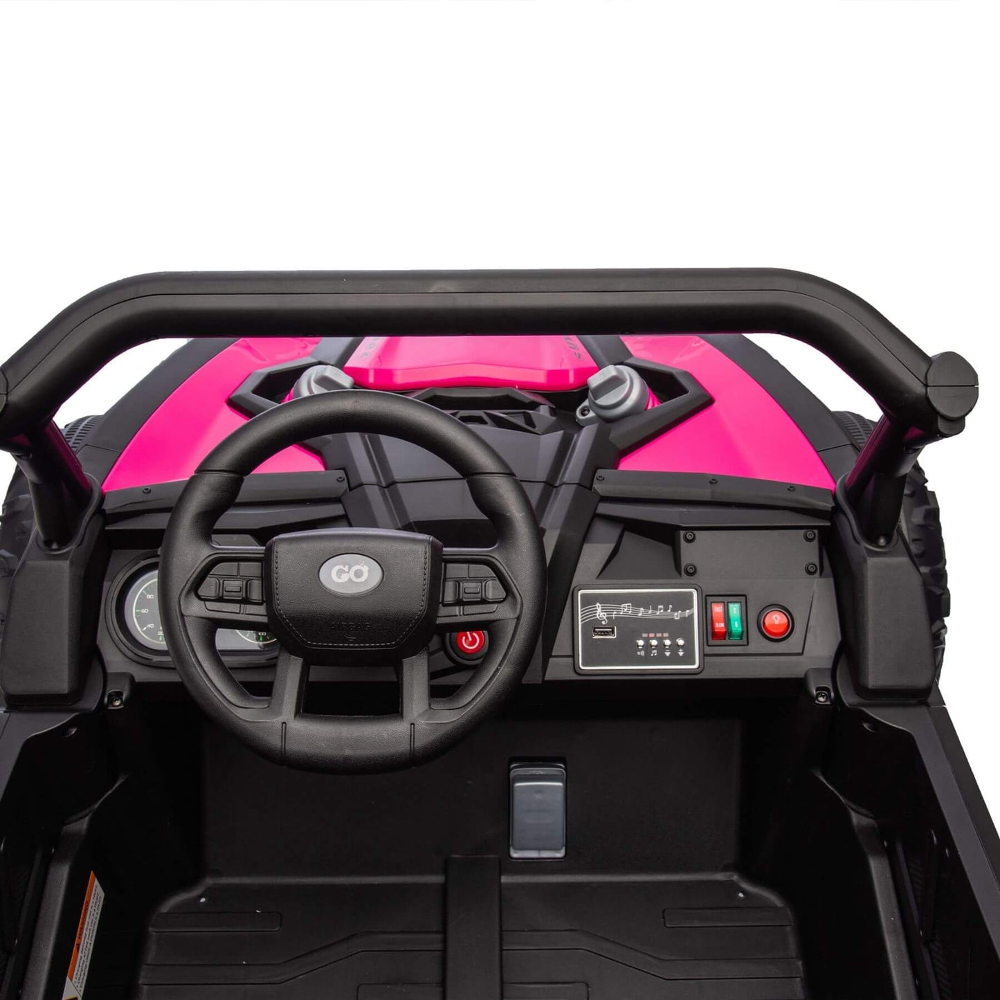 HIFINE 24V Two-Seater Kids Ride On UTV - Pink interior with steering wheel and dashboard on a white background
