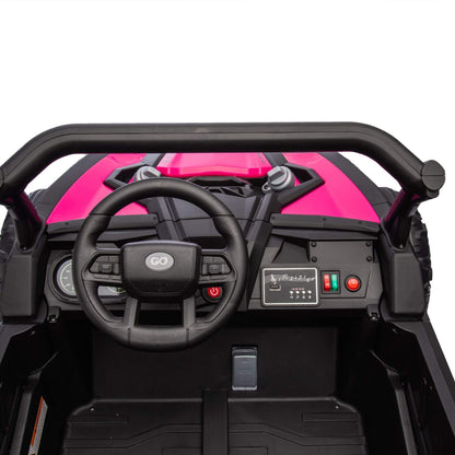 HIFINE 24V Two-Seater Kids Ride On UTV - Pink interior with steering wheel and dashboard on a white background