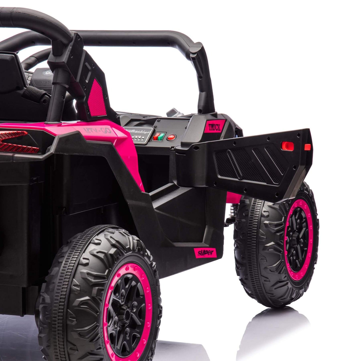 HIFINE 24V Two-Seater Kids Ride On UTV - Pink with open door on a white background