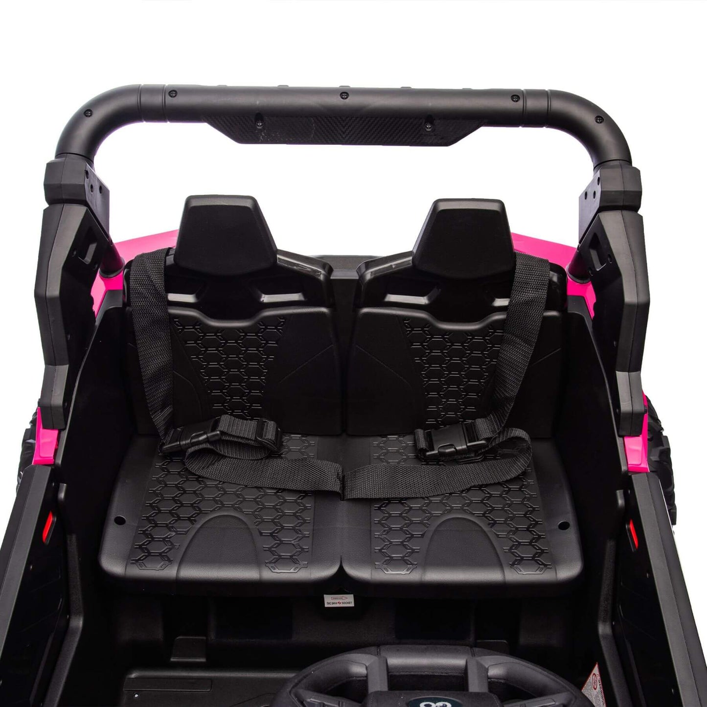 Black seats inside a vehicle with pink exterior on a white background