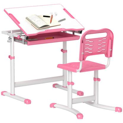 Qaba Height Adjustable Kids Desk and Chairs Set, with Tilt Desktop, Pink