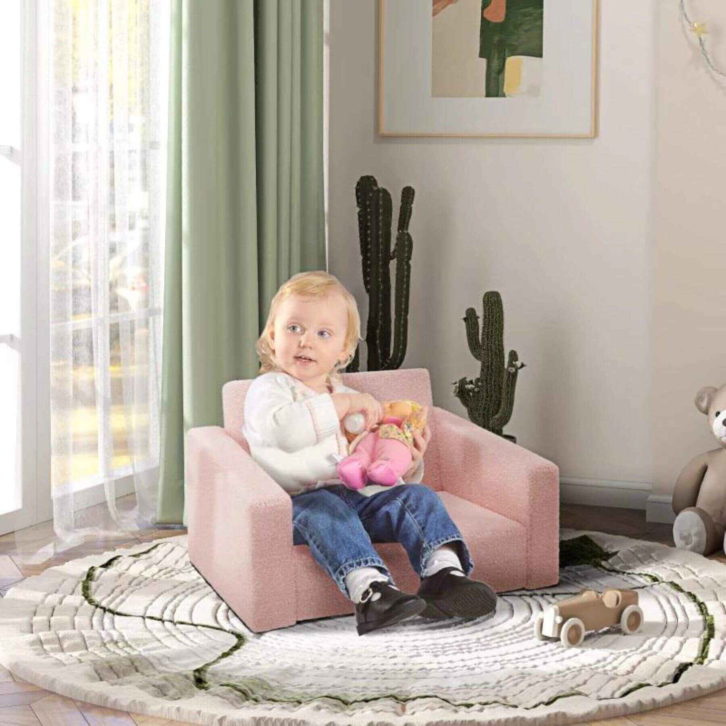 Girl Sitting on Qaba 2-in-1 Kids Fold Out Chair Convertible Sofa to Lounger Pink