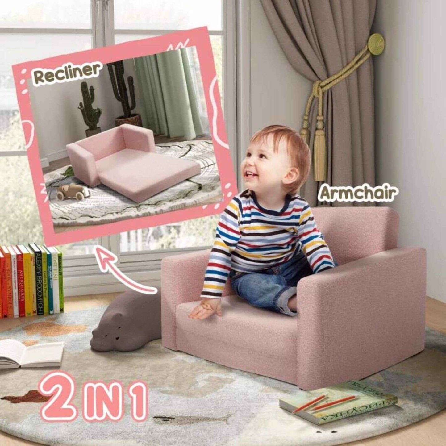 Girl Sitting on Qaba 2-in-1 Kids Fold Out Chair Convertible Sofa to Lounger Pink