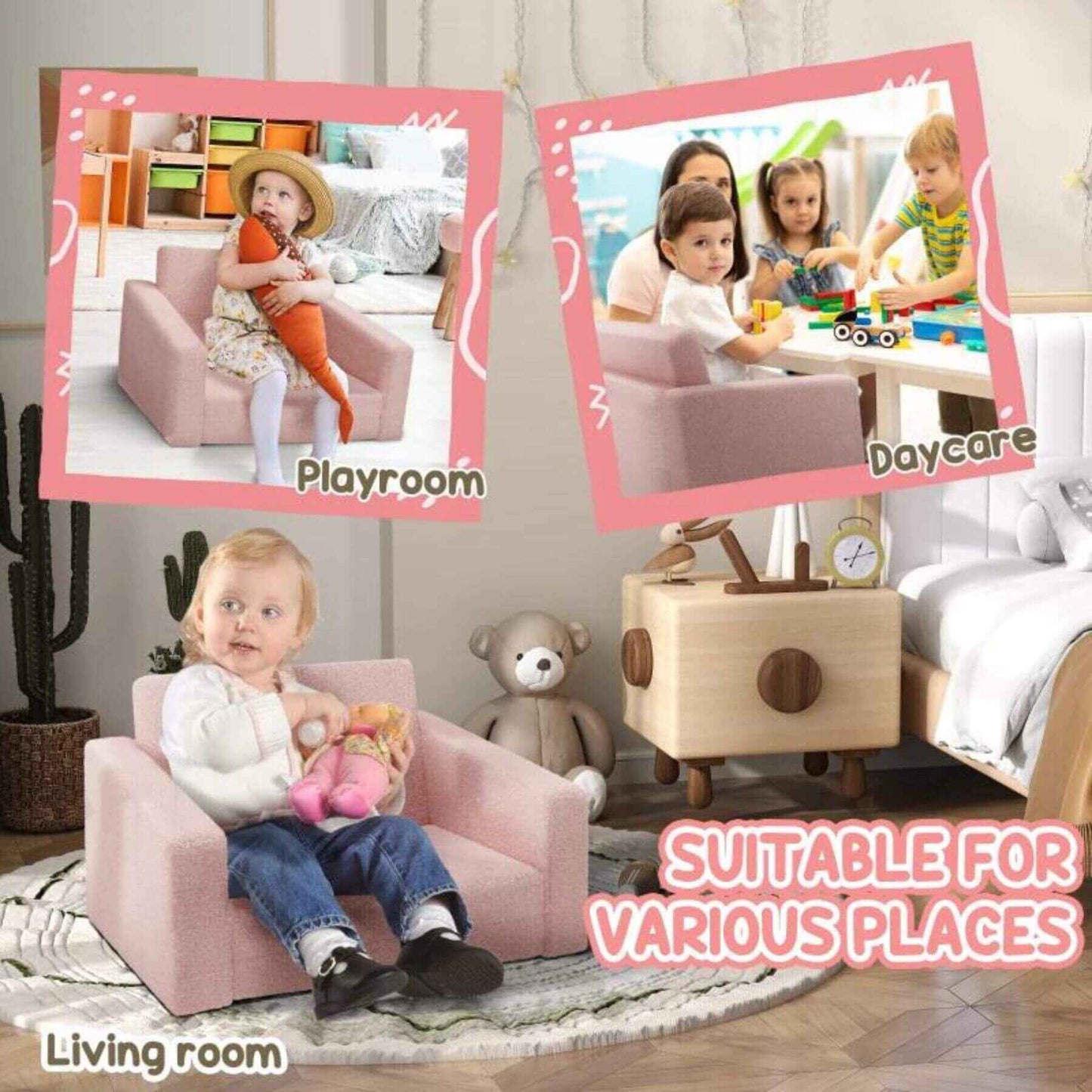 Girl Sitting on Qaba 2-in-1 Kids Fold Out Chair Convertible Sofa to Lounger Pink