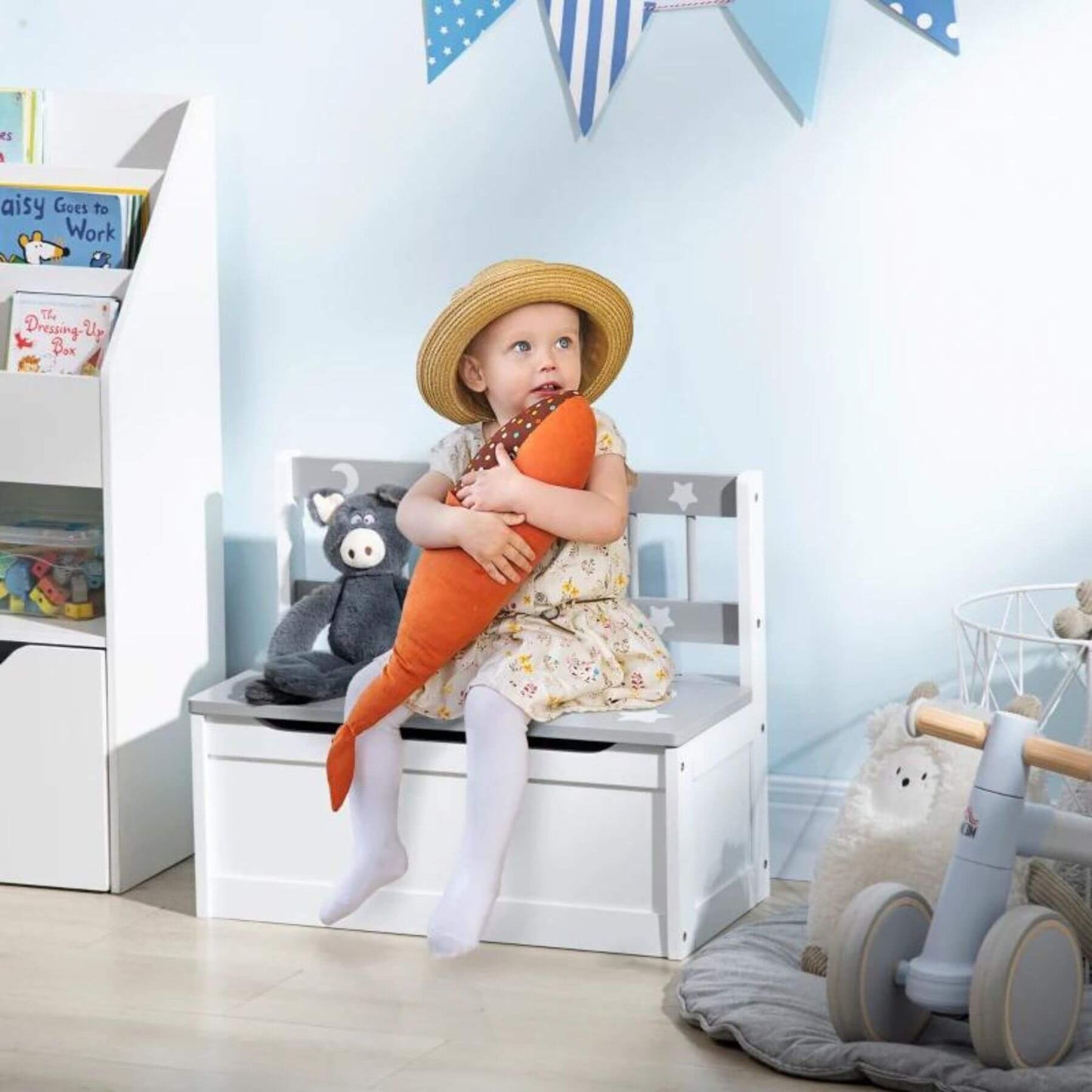 Girl Sitting on Qaba 2-in-1 Kids Wooden Toy Organizer Chest with Seat Bench Grey