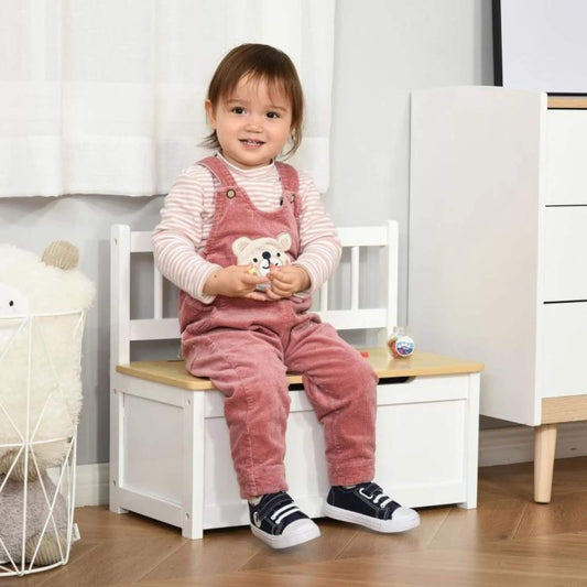 Girl Sitting on Qaba 2-in-1 Kids Wooden Toy Organizer Chest with Seat Bench White