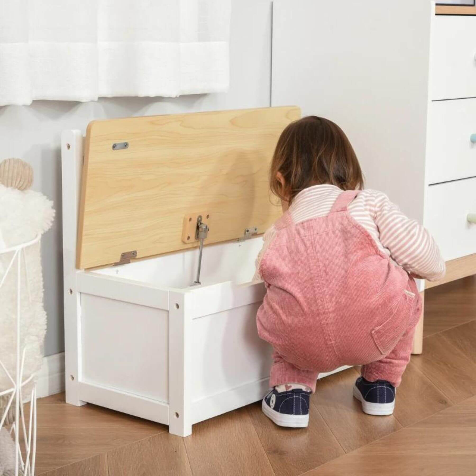 Girl Getting Stuff from Qaba 2-in-1 Kids Wooden Toy Organizer Chest with Seat Bench White