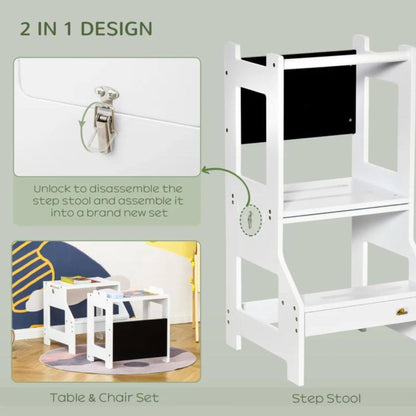 Detail of Qaba 2-in-1 Kitchen Table Set Toddler Standing Tower with Chalkboard White